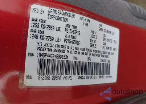 2000 Dodge Grand Caravan Se z USA, uszkodzony, nr VIN 1B4GP44G0YB801534